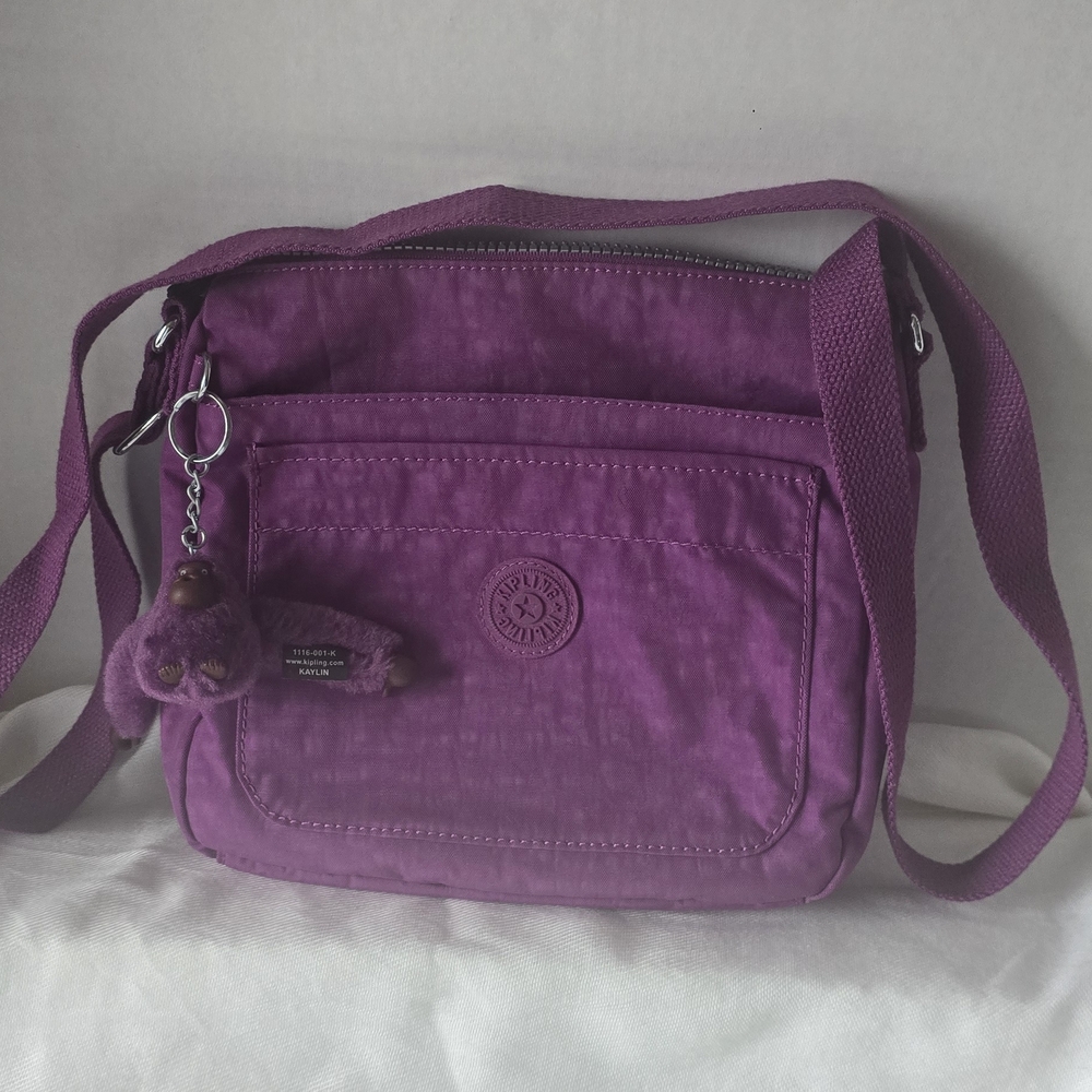 Kipling Kaylin Purple Nylon Crossbody Bag w/ Monkey Keychain Lightweight Travel